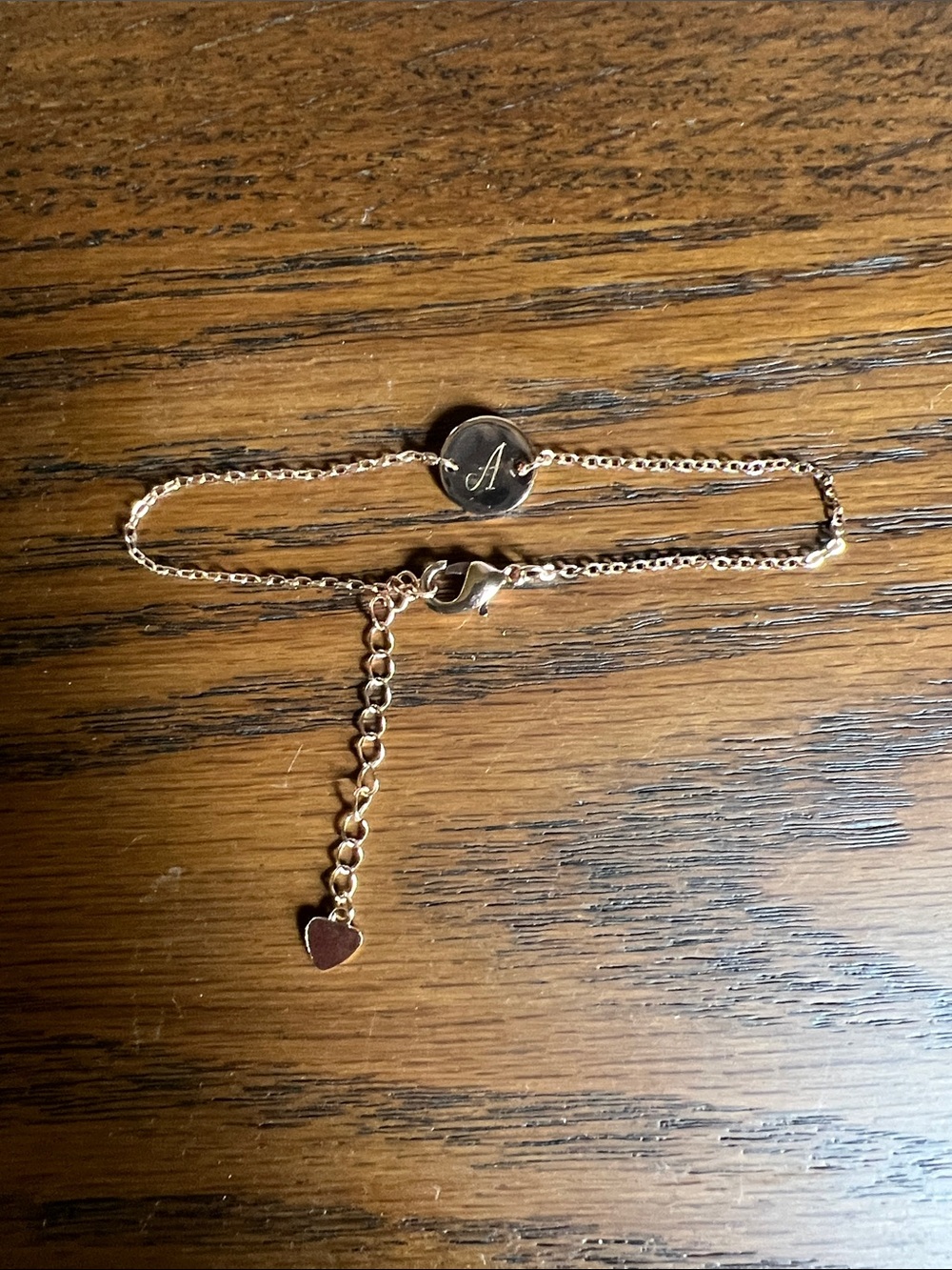 Initial 'A' Rose Gold Color Script Disc Bracelet with Heart Charm